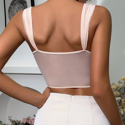 Sheer Backless Embroidery Strappy Vest