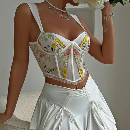 Sheer Backless Embroidery Strappy Vest