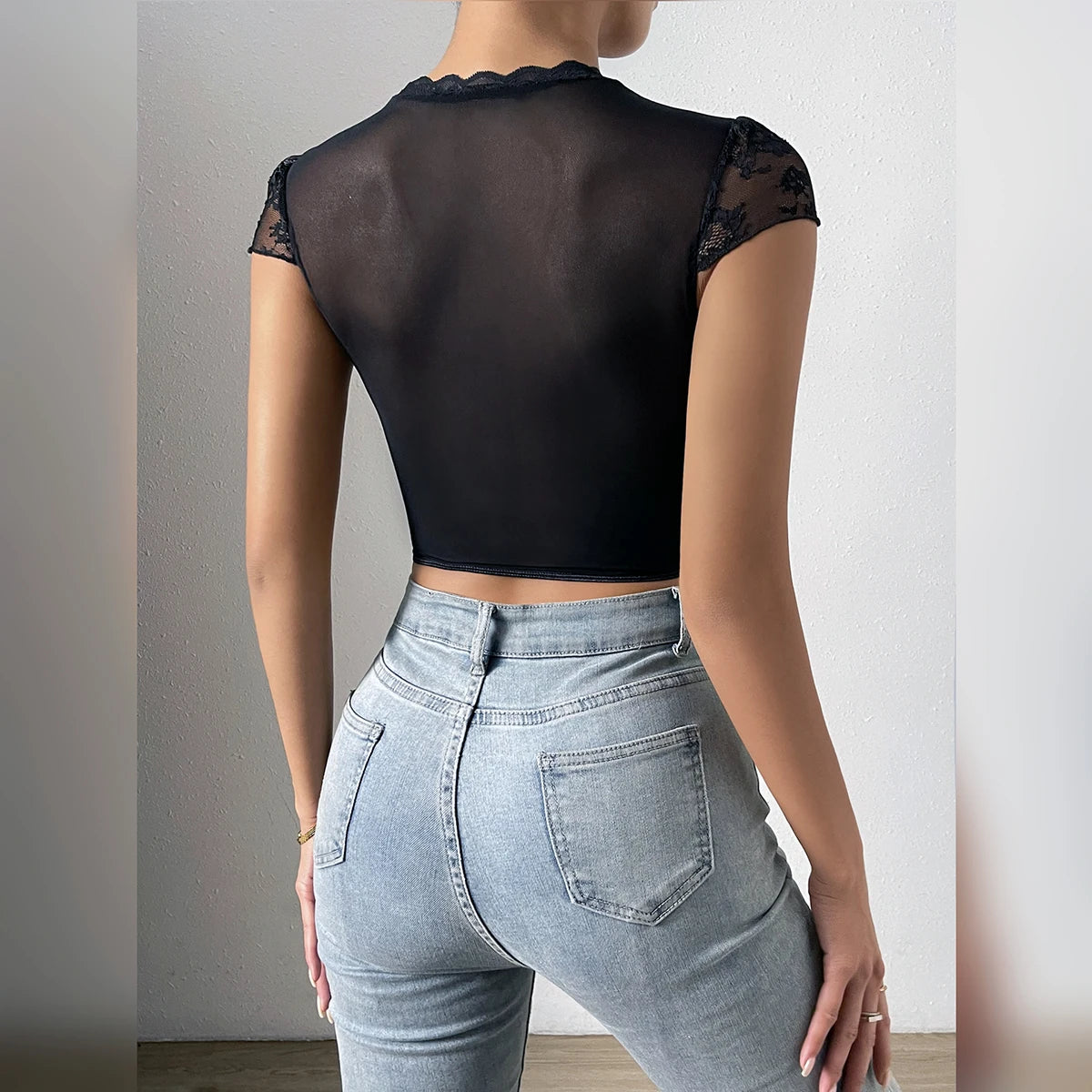 Korean Style Lace Hollow V Neck Crop Top for Woman Sexy