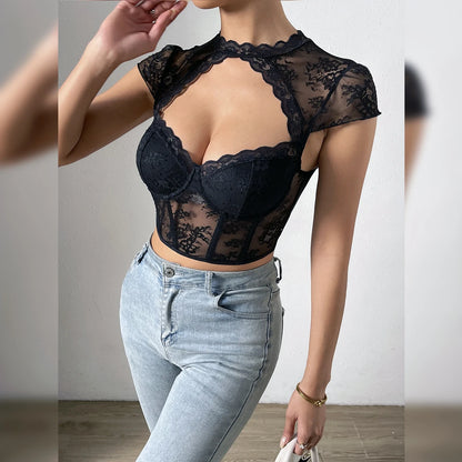 Korean Style Lace Hollow V Neck Crop Top for Woman Sexy