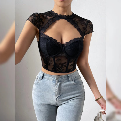 Korean Style Lace Hollow V Neck Crop Top for Woman Sexy