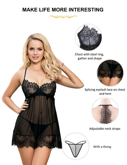 Floral Eyelash Lace Sleepwear Plus Size